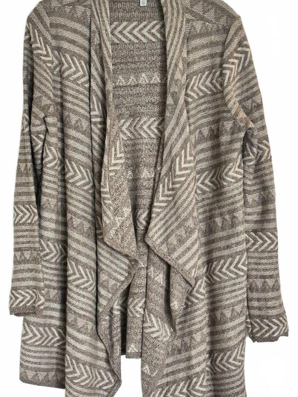 Lucky Brand Women's Open Front Draped Cardigan Beige Ivory Aztec Knit Sweater- L
